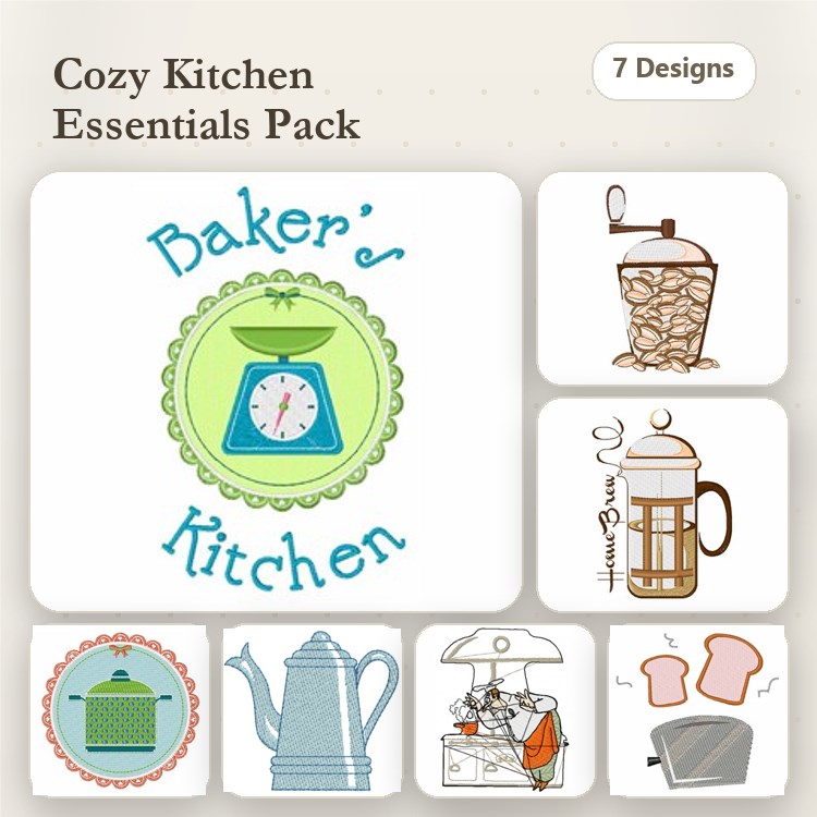 Cozy Kitchen Essentials Embroidery Designs Bundle – Baker's Kitchen Scale, Coffee Press, Teapot & More (7 Designs)