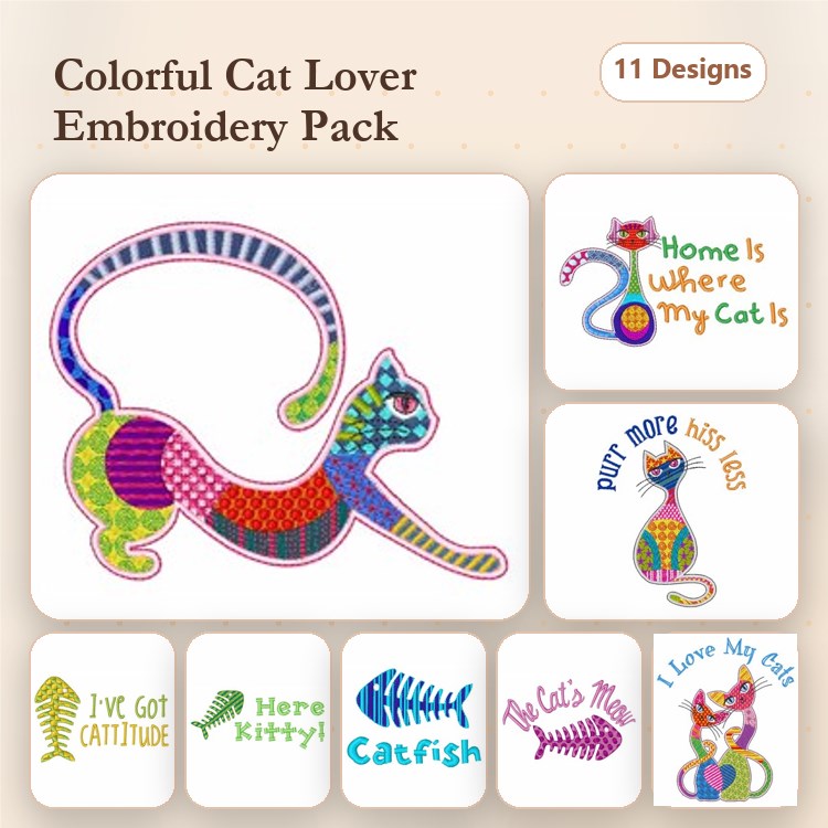 Colorful Cat Embroidery Designs Bundle – Home Is Where My Cat Is, I've Got Cattitude, Catfish & More (11 Designs)
