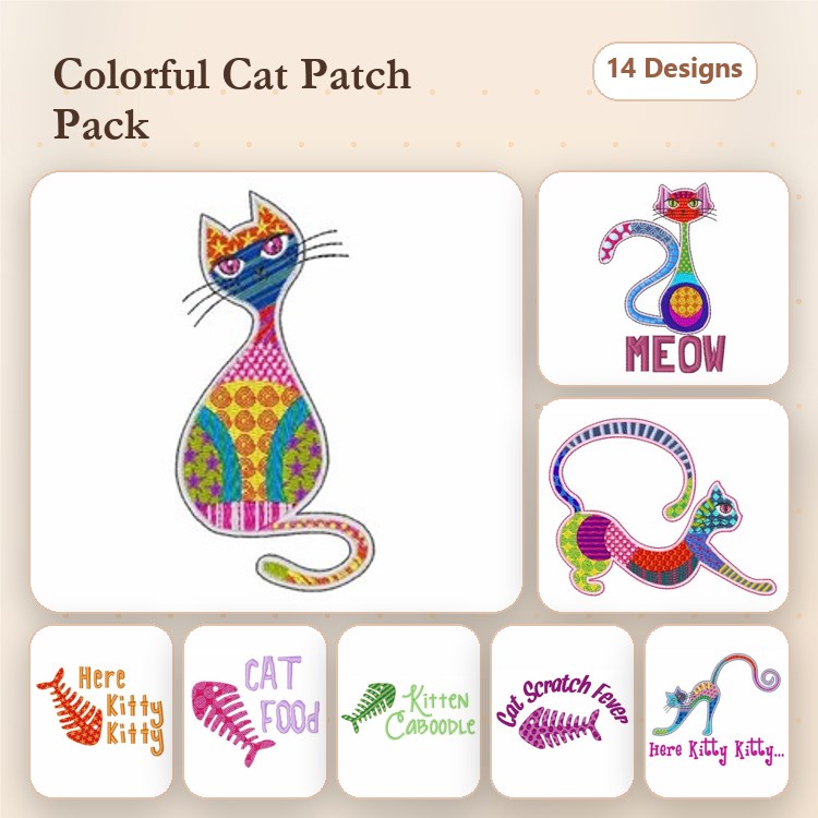 Colorful Cat Embroidery Bundle – Colorful Cat, Here Kitty Kitty, Get Scratch Free & More (14 Designs)