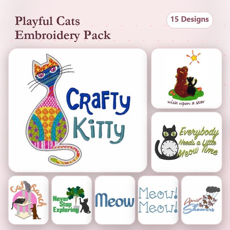 Playful Cats Embroidery Designs Bundle – Crafty Kitty, Meow, Purrfectly Happy & More (15 Designs)
