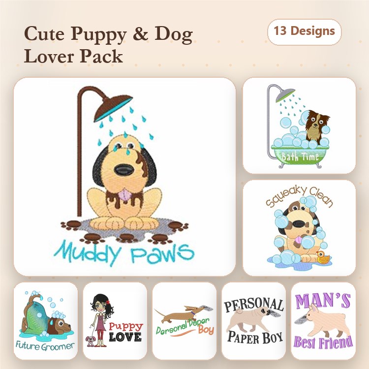 Dog Grooming Embroidery Bundle – Bath Time & Puppy Love (13 Designs)