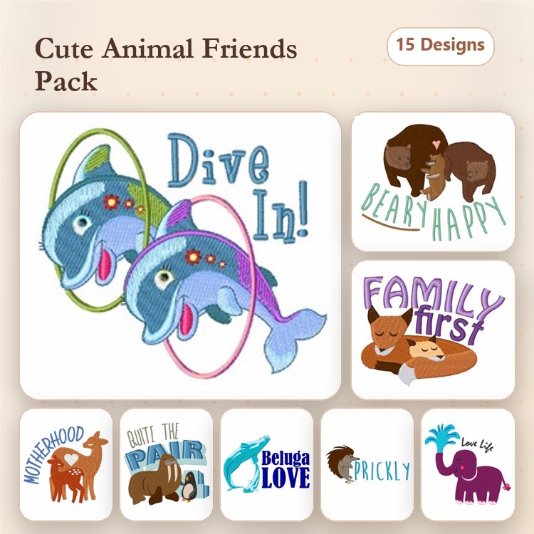 Cute Animal Themes Embroidery Bundle – Beary Happy, Dive In!, Beluga Love & More (15 Designs)