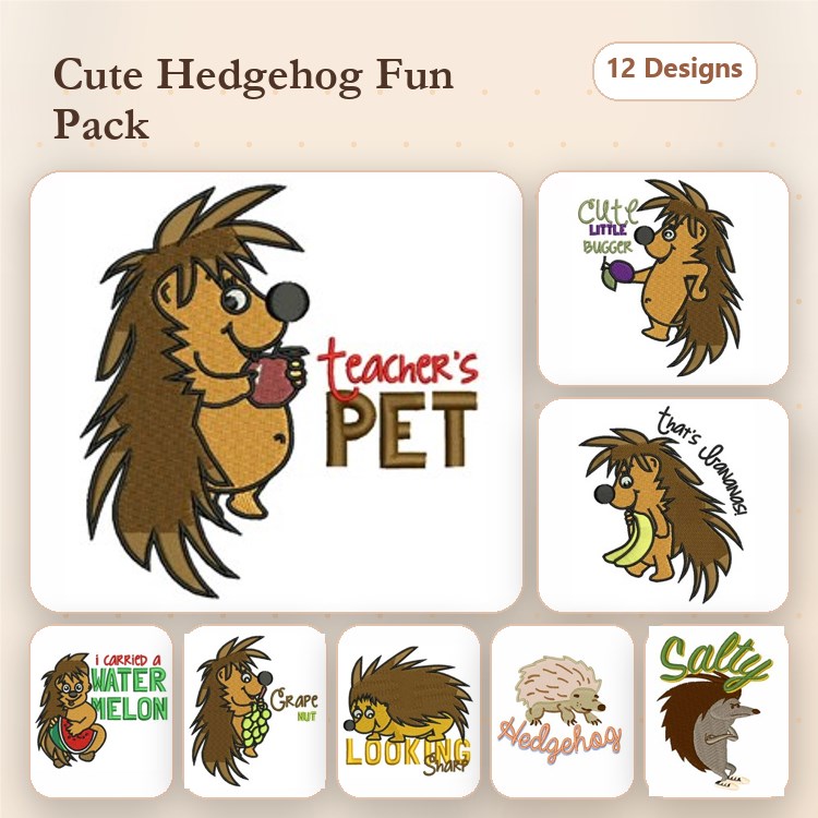 Cute Hedgehog Embroidery Designs Bundle – Hedgehog with Coffee, Teacher's Pet Hedgehog, Watermelon Hedgehog & More (12 Designs)