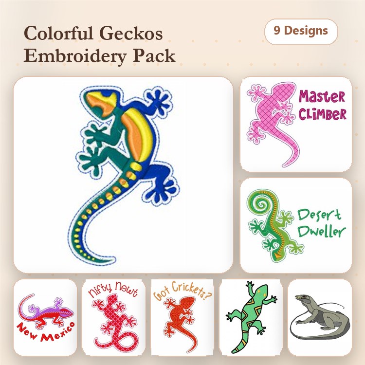 Colorful Gecko Embroidery Designs Bundle – Master Climber, Desert Dweller, Frog Green Gecko & More (9 Designs)