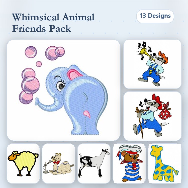 Animal Characters Embroidery Designs Bundle – Elephant with Bubbles, Mouse Playing Trumpet, Dog with Hat & More (13 Designs)