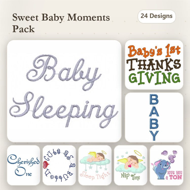 Baby Themed Embroidery Designs Bundle – Baby Sleeping, Baby's 1st THANKSGIVING, Cherished One & More (24 Designs)