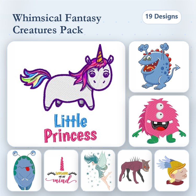 Fantasy Creatures Embroidery Designs Bundle – Unicorn, Mermaid, Fairy, Dragon & More (19 Designs)