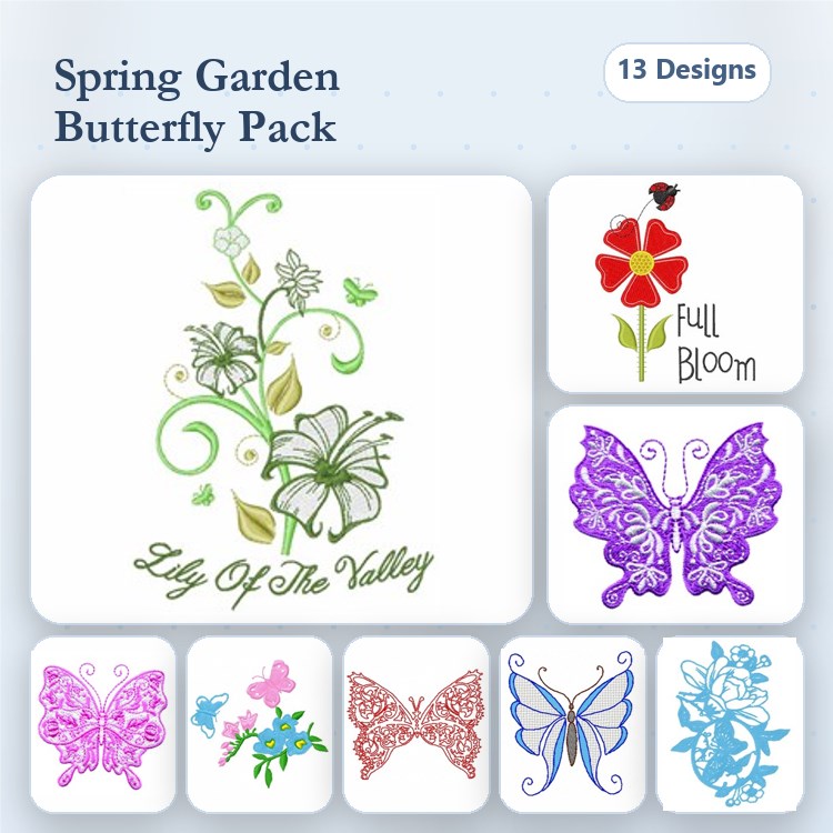 Butterflies & Floral Elements Embroidery Designs Bundle – Lily Of The Valley, Full Bloom Flower, Purple Butterfly & More (13 Designs)