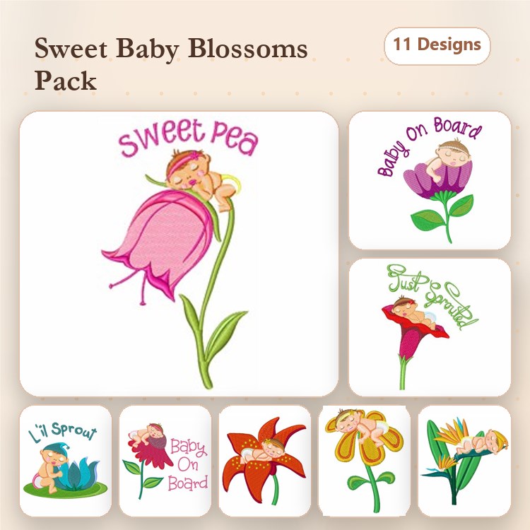 Baby Flower Embroidery Designs Bundle – Sweet Pea with Baby, Buttercup with Baby, Tulip with Baby & More (11 Designs)