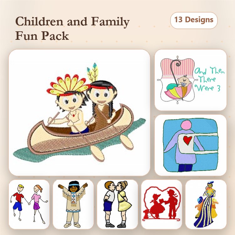 Children & Family Embroidery Designs Bundle – Boy in Canoe, Girl with Flower Basket, Family Holding Hearts & More (13 Designs)