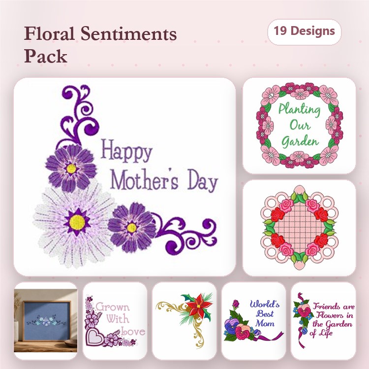 Floral Sentiments Embroidery Designs Bundle – Happy Mother's Day Floral, Heart Floral Design, & World's Best Mom Floral (19 Designs)