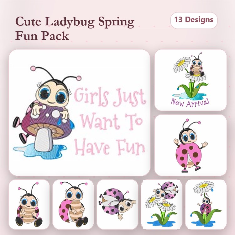 Cute Ladybug Spring Embroidery Designs Bundle – Ladybug with Mushroom, Girls Just Want To Have Fun, Ladybug with Flower & More (13 Designs)