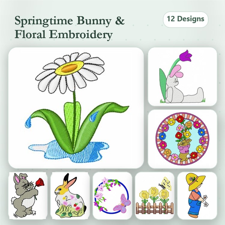 Springtime Bunnies & Flowers Embroidery Designs Bundle – Daisy with Water Drops, Bunny Holding Flower, Easter Bunny & More (12 Designs)