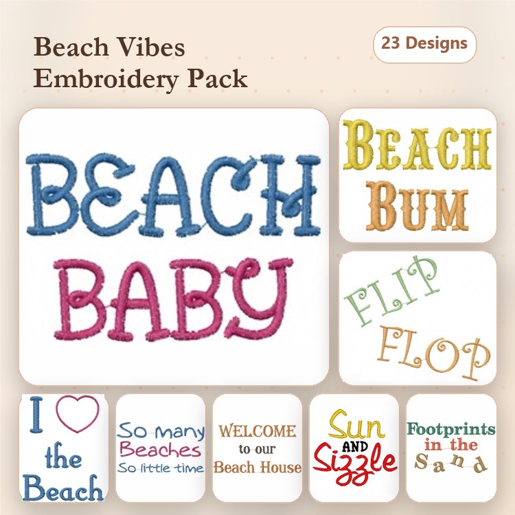 Beach-Themed Phrases Embroidery Designs Bundle – Beach Baby, Beach Bum, Flip Flop & More (23 Designs)