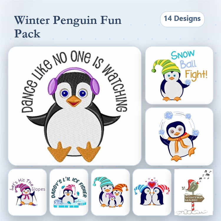 Winter Penguin Embroidery Designs Bundle – Dance Like No One Is Watching, Let It Snow, Penguin with Hat & More (14 Designs)