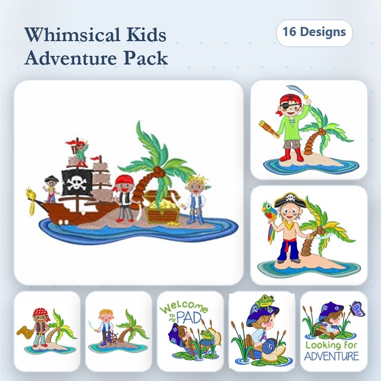 Pirate Adventure Embroidery Designs Bundle – Pirate Ship, Treasure Island, Pirate Boy & More (16 Designs)