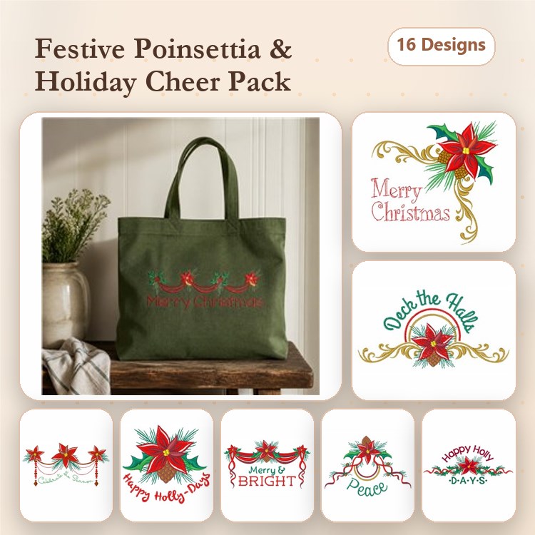 Poinsettia and Holiday Cheer Embroidery Designs Bundle – Merry Christmas, Deck the Halls, Joy & More (16 Designs)