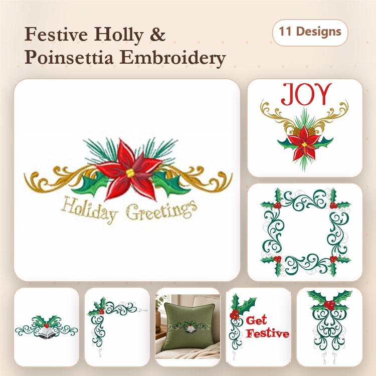 Holly & Poinsettia Embroidery Bundle – Joy, Holiday Greetings, Wreath & More (11 Designs)