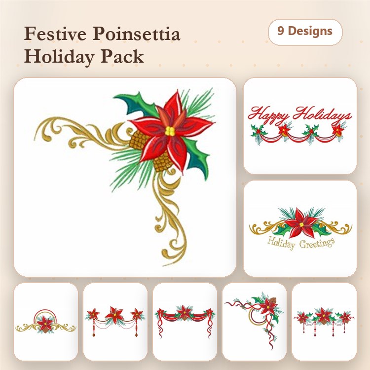 Poinsettia & Holiday Greetings Embroidery Designs Bundle – Poinsettia Floral Arrangement, Happy Holidays Greeting, & More (9 Designs)