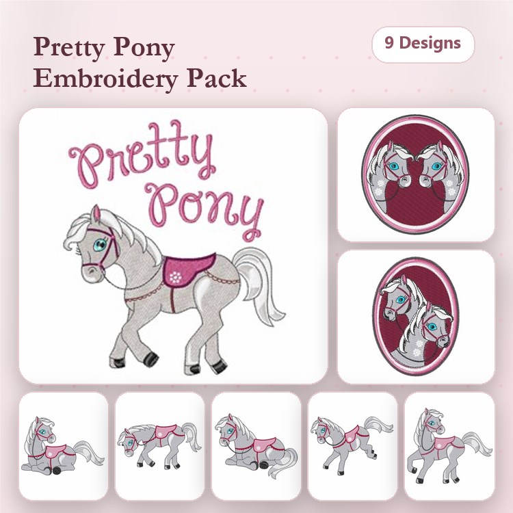 Pretty Pony Embroidery Bundle – Pony with Saddle, Pony Face with Heart, Pony with Flowers & More (9 Designs)