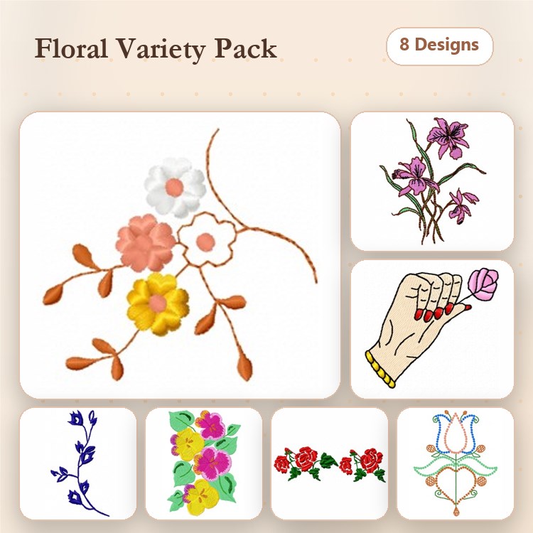 Floral Variety Embroidery Designs Bundle – Flower Bouquet, Orchid Flower, Hand with Flower & More (8 Designs)