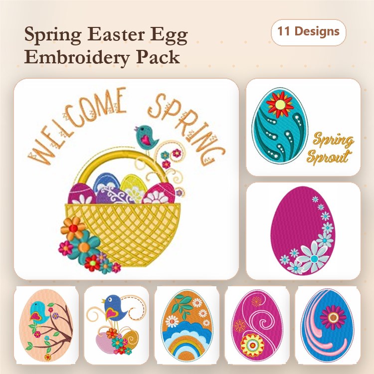 Spring-themed Embroidery Designs Bundle – Welcome Spring, Easter Basket with Eggs, Spring Sprout Egg & More (11 Designs)