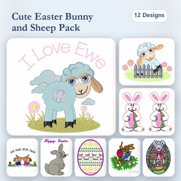 Easter Bunny & Sheep Embroidery Designs Bundle – I Love Ewe, Happy Easter Bunny, Bunny with Carrots & More (12 Designs)