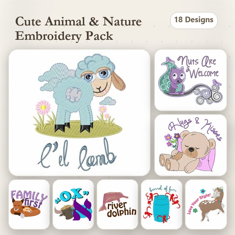 Cute Animals Embroidery Bundle – Lamb, Owl, Koala Bear, Dolphin & More (18 Designs)