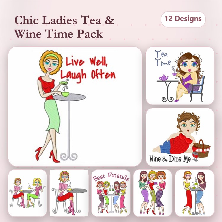 Chic Women Enjoying Tea & Wine Embroidery Designs Bundle – Tea Time, Wine & Dine Me, Best Friends & More (12 Designs)
