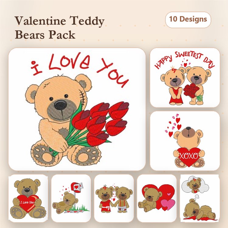 Teddy Bear Embroidery Designs Bundle – Teddy Bear with Flowers, Heart Balloon, Love Letter & More (10 Designs)