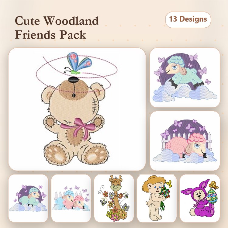 Cute Woodland Animals Embroidery Bundle – Teddy Bear, Whimsical Sheep, Cloudy Unicorn & More (13 Designs)