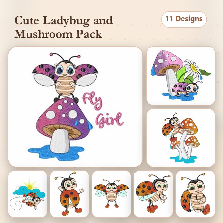 Cute Ladybugs & Mushrooms Embroidery Bundle – Ladybug on Mushroom, Ladybug with Flower, & More (11 Designs)