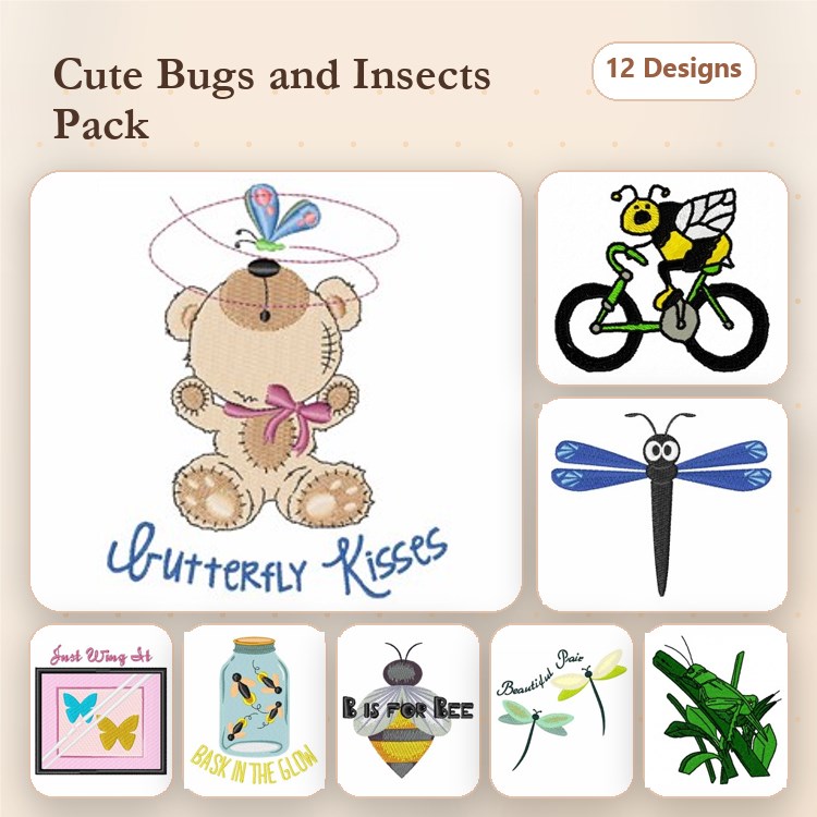 Cute Bugs and Insects Embroidery Designs Bundle – Bear with Butterfly, Bee on Bicycle, Dragonfly & More (12 Designs)
