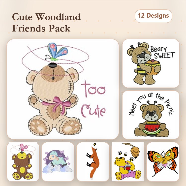 Woodland Animal Embroidery Designs Bundle – Teddy Bear, Woodland Fox, Butterfly & More (12 Designs)