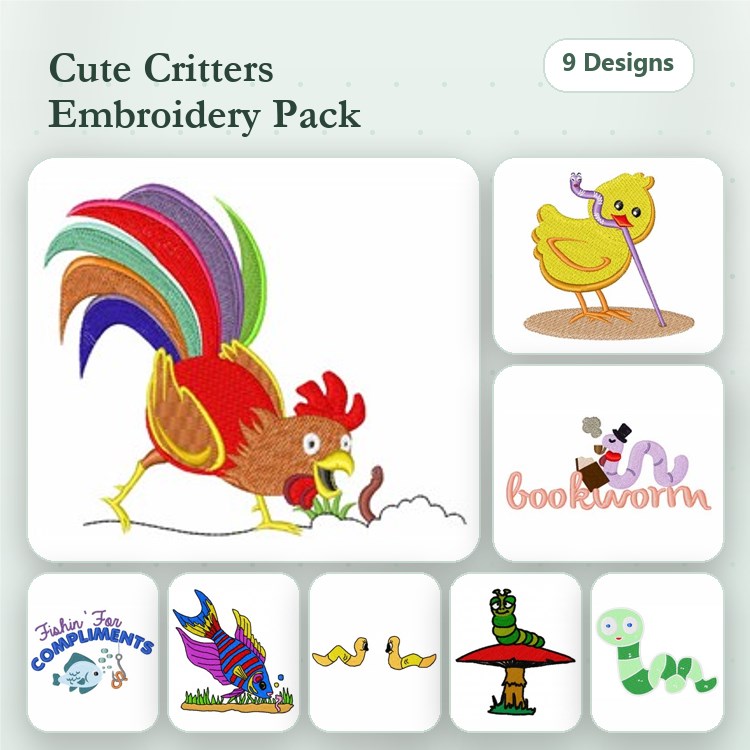Cute Animal Characters Embroidery Bundle – Rooster with Worm, Yellow Chick, Bookworm & More (9 Designs)