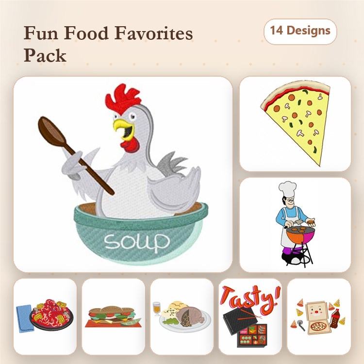 Food-themed Embroidery Designs Bundle – Chicken Soup, Pizza Slice, Chef with Grill & More (14 Designs)
