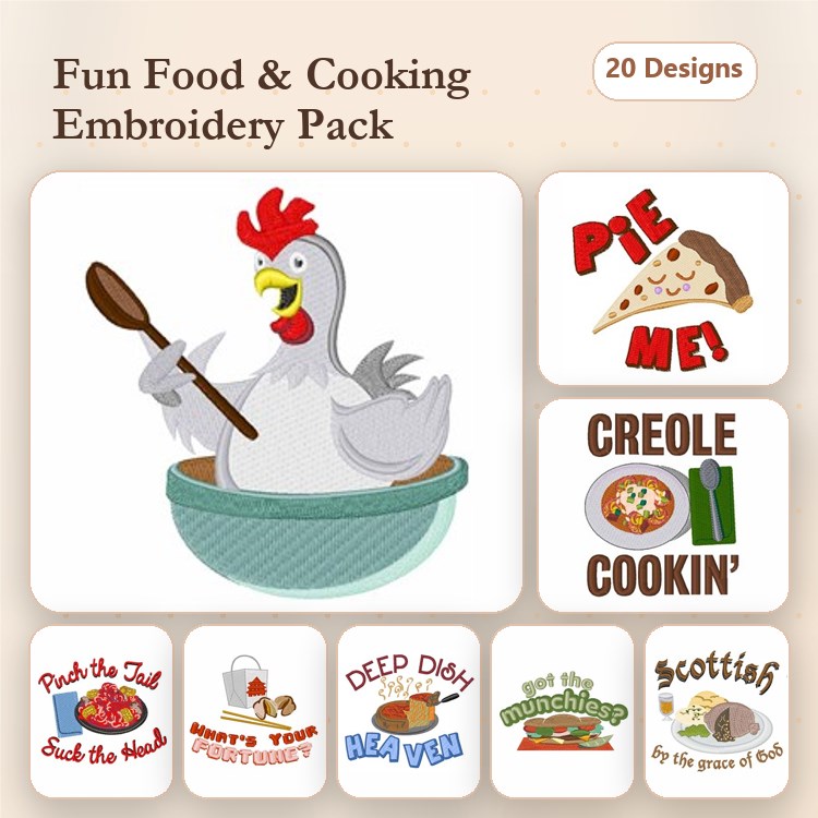 Food & Cooking Embroidery Designs Bundle – Chicken with Spoon, Pie Me!, Creole Cookin' & More (20 Designs)