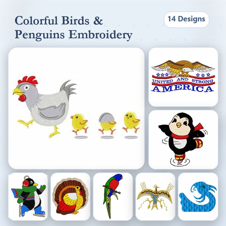 Colorful Birds Embroidery Bundle – Chicken with Chicks, Penguin, Turkey, Parrot & More (14 Designs)