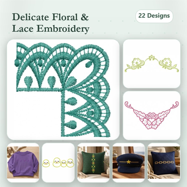 FSL Floral Lace Embroidery Designs Bundle – Lace Border, Floral Corner, Lace Drape & More (22 Designs)