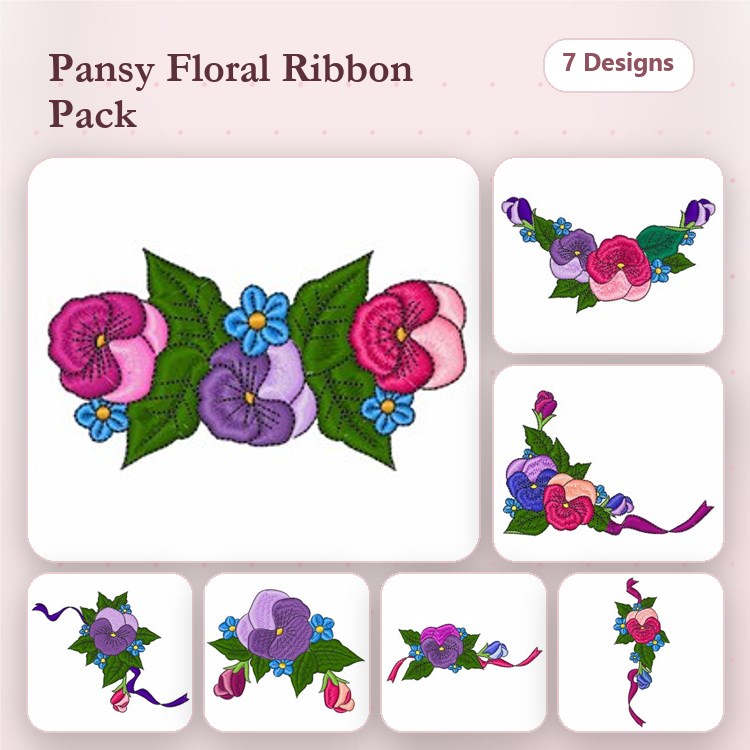 Pansy Floral Embroidery Designs Bundle – Pansy with Leaves, Ribbon with Pansy, Single Pansy & More (7 Designs)