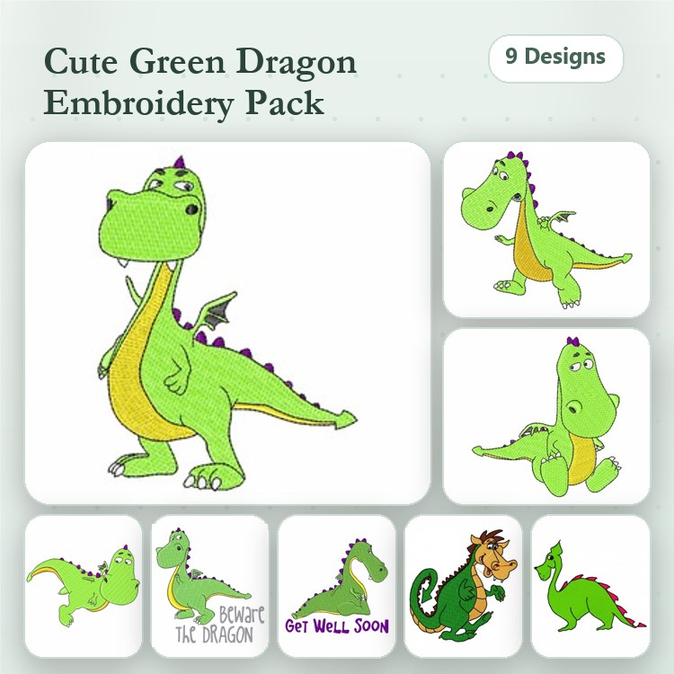 Cute Green Dragons Embroidery Designs Bundle – Green Dragon with Arms, Dragon with Banner, Happy Dragon & More (9 Designs)