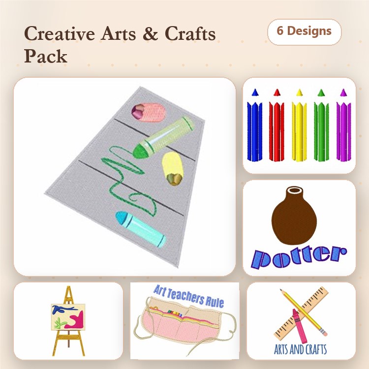 Creative Arts & Crafts Embroidery Designs Bundle – Crayon Drawing, Yarn Ball, Paint Palette & More (6 Designs)