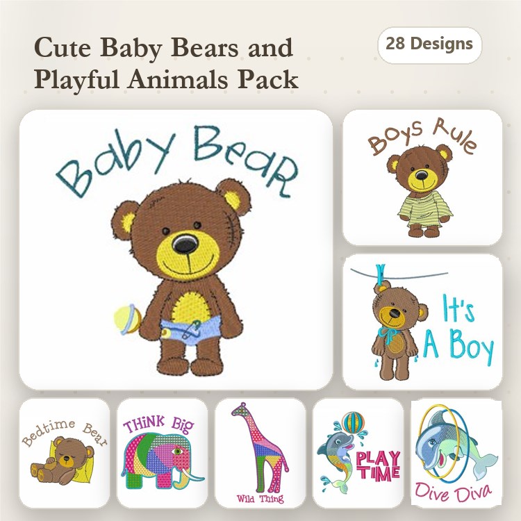 Cute Baby Bears & Playful Animals Embroidery Designs Bundle – Baby Bear, Boys Rule Bear, Bedtime Bear & More (28 Designs)