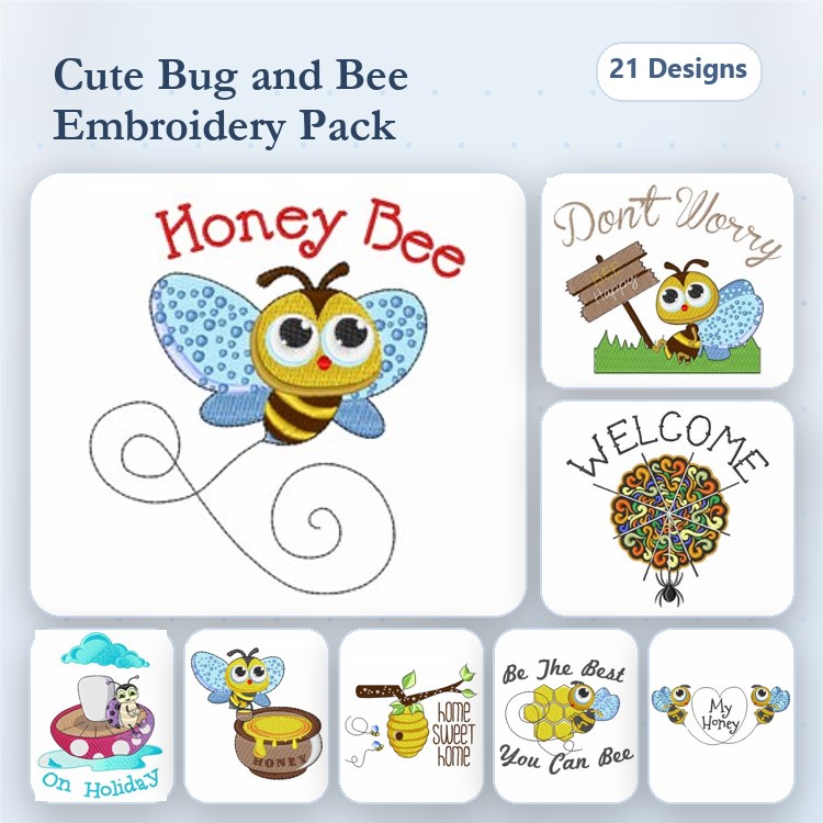 Cute Bugs and Bees Embroidery Designs Bundle – Honey Bee, Welcome Sign, Kite & More (21 Designs)