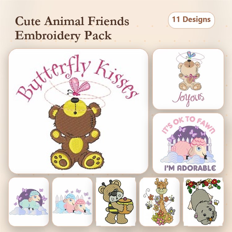 Cute Animal Embroidery Bundle – Butterfly Kisses Bear, Joyous Bear, Bunny with Flowers & More (11 Designs)