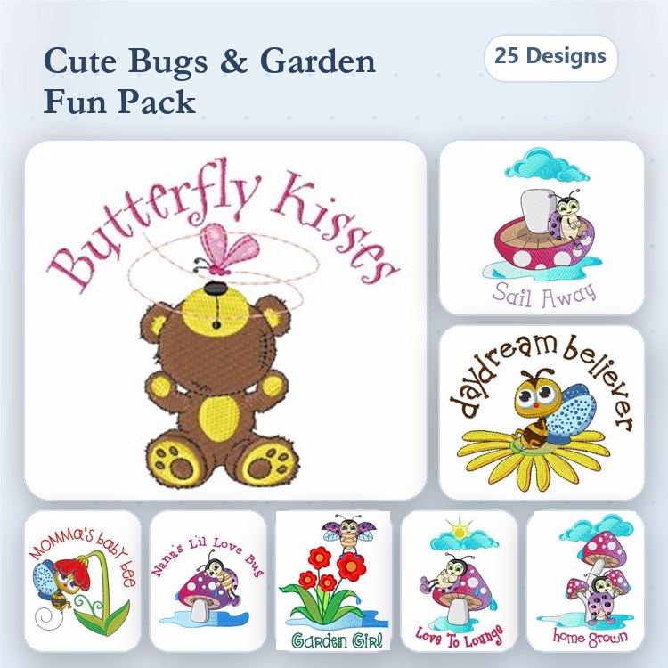 Cute Bugs & Garden Embroidery Designs Bundle – Butterfly Kisses, Mommy's Little Love Bug, & More (25 Designs)