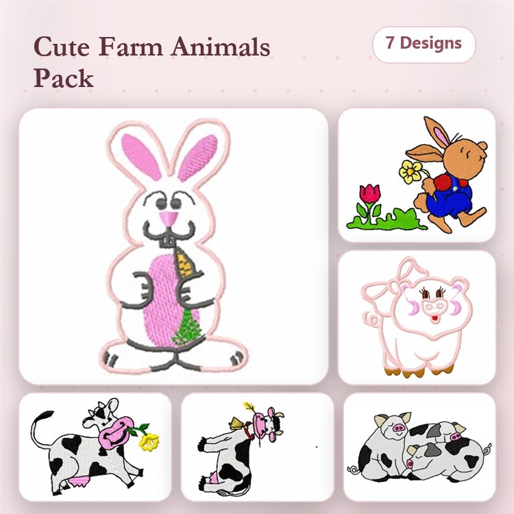 Farm Animal Embroidery Designs Bundle – Bunny with Carrot, Brown Bunny with Tulip, Pig & More (7 Designs)