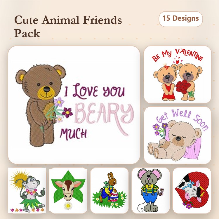 Cute Animal Friends Embroidery Designs Bundle – Bear with Flowers, Cow in Flower Pot, Mouse with Gift & More (15 Designs)