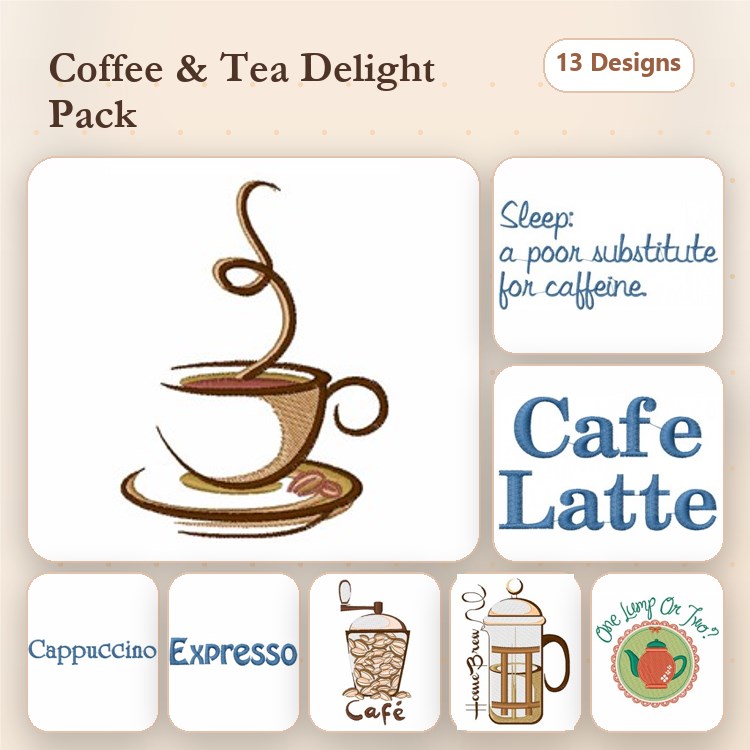 Coffee and Tea Embroidery Designs Bundle – Cafe Latte, Cappuccino, Espresso & More (13 Designs)