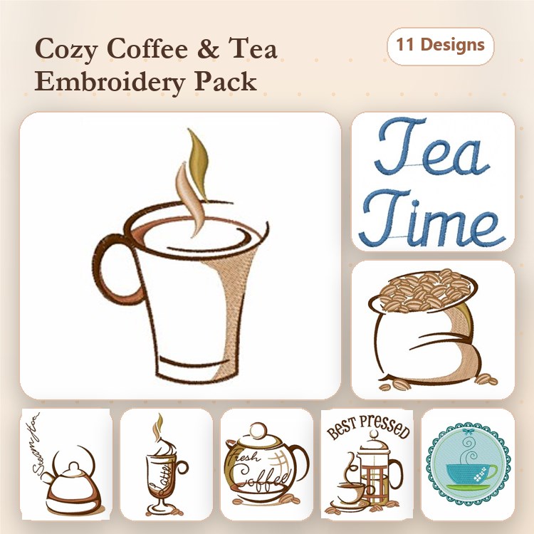 Coffee and Tea Embroidery Designs Bundle – Coffee Cup, Tea Pot, Brewed Coffee & More (11 Designs)